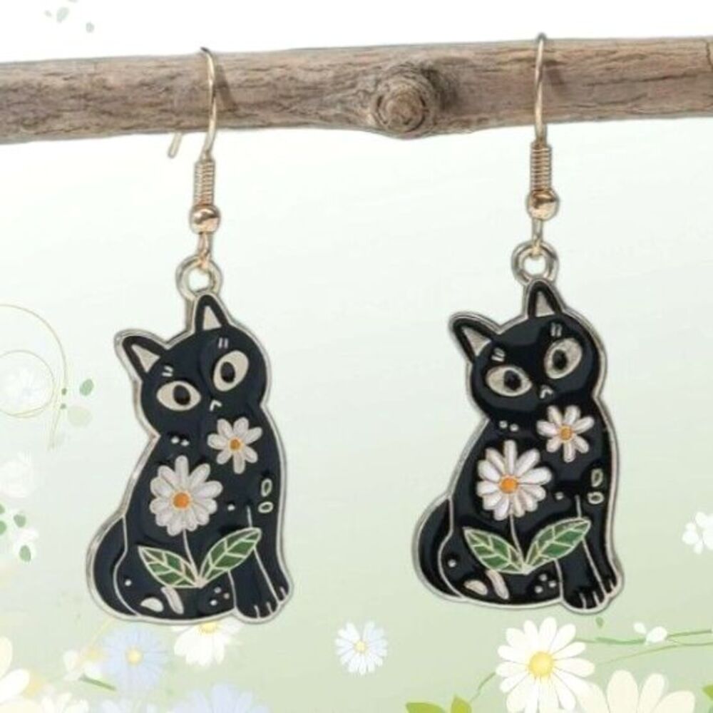 Enamel Black Cat Shaped Earrings Daisies Flowers Dangle
